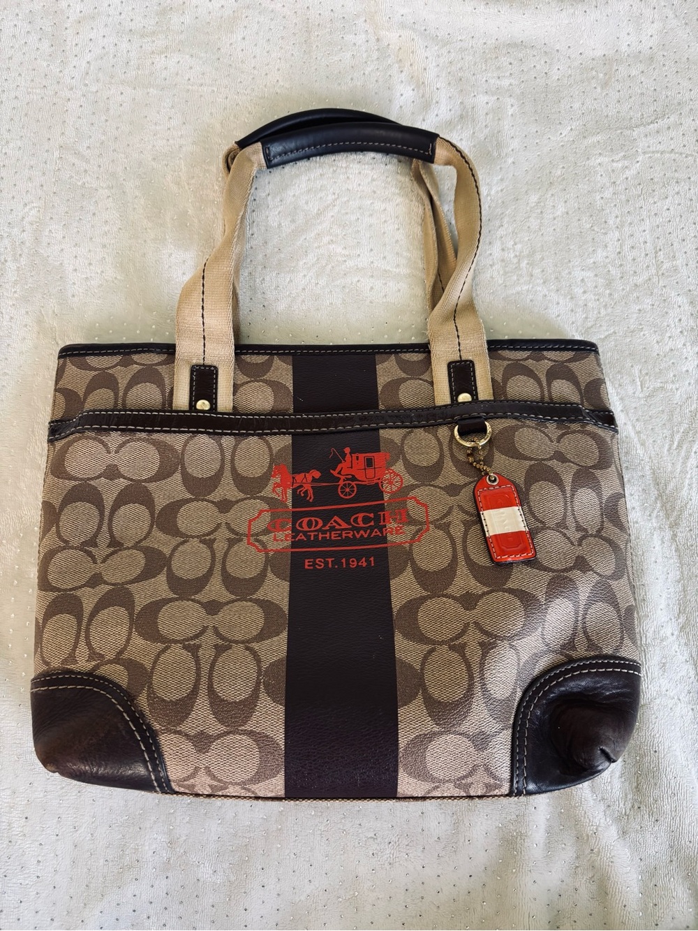 Coach Canvas Tote in Brown with Red Logo Accent